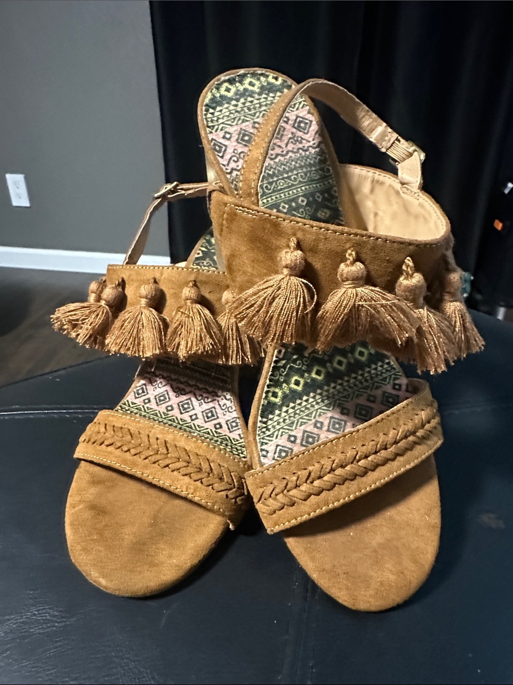 Tassel Fringe Ankle-Strap Sandals in Tan